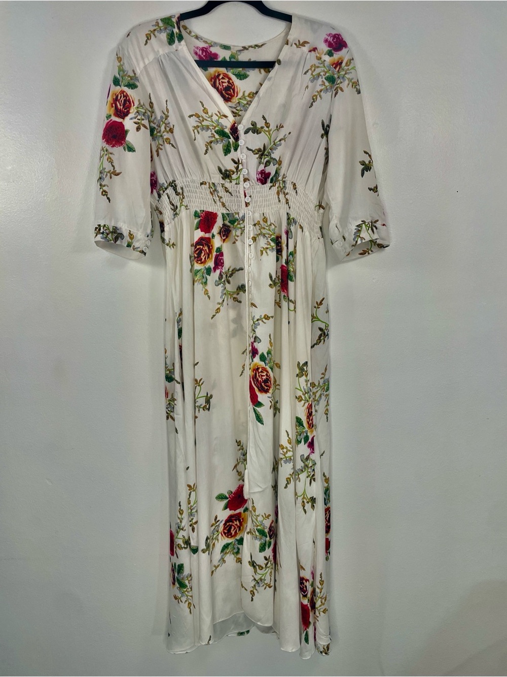 Floral White Maxi Dress with Button Front